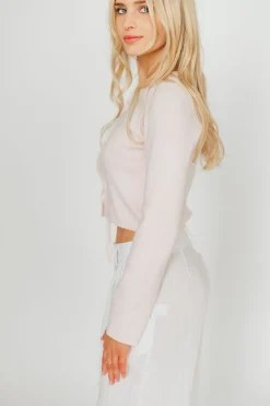 New Worth Collective Rebecca Tie Front Cardigan with Scallop Hem in Baby Pink