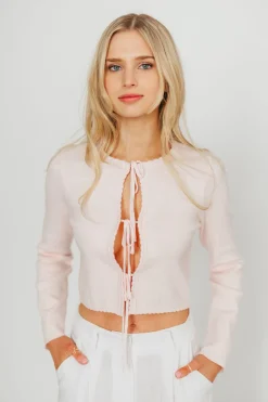 New Worth Collective Rebecca Tie Front Cardigan with Scallop Hem in Baby Pink
