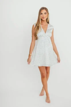 Fashion Worth Collective Reign Lace Trim Slip Dress in White/Blue Floral