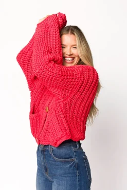 New Worth Collective Reina Chunky Knit Cardigan in Red