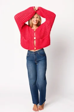 New Worth Collective Reina Chunky Knit Cardigan in Red