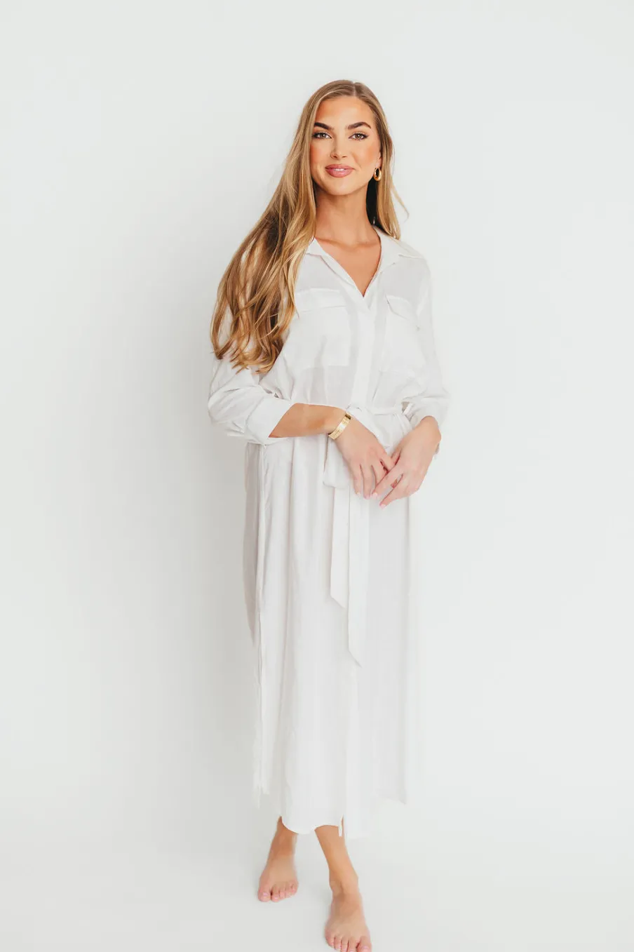Fashion Worth Collective Rhea Belted Maxi Shirt Dress in White - Nursing Friendly