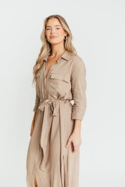 New Worth Collective Rhea Belted Maxi Shirt Dress in Stone