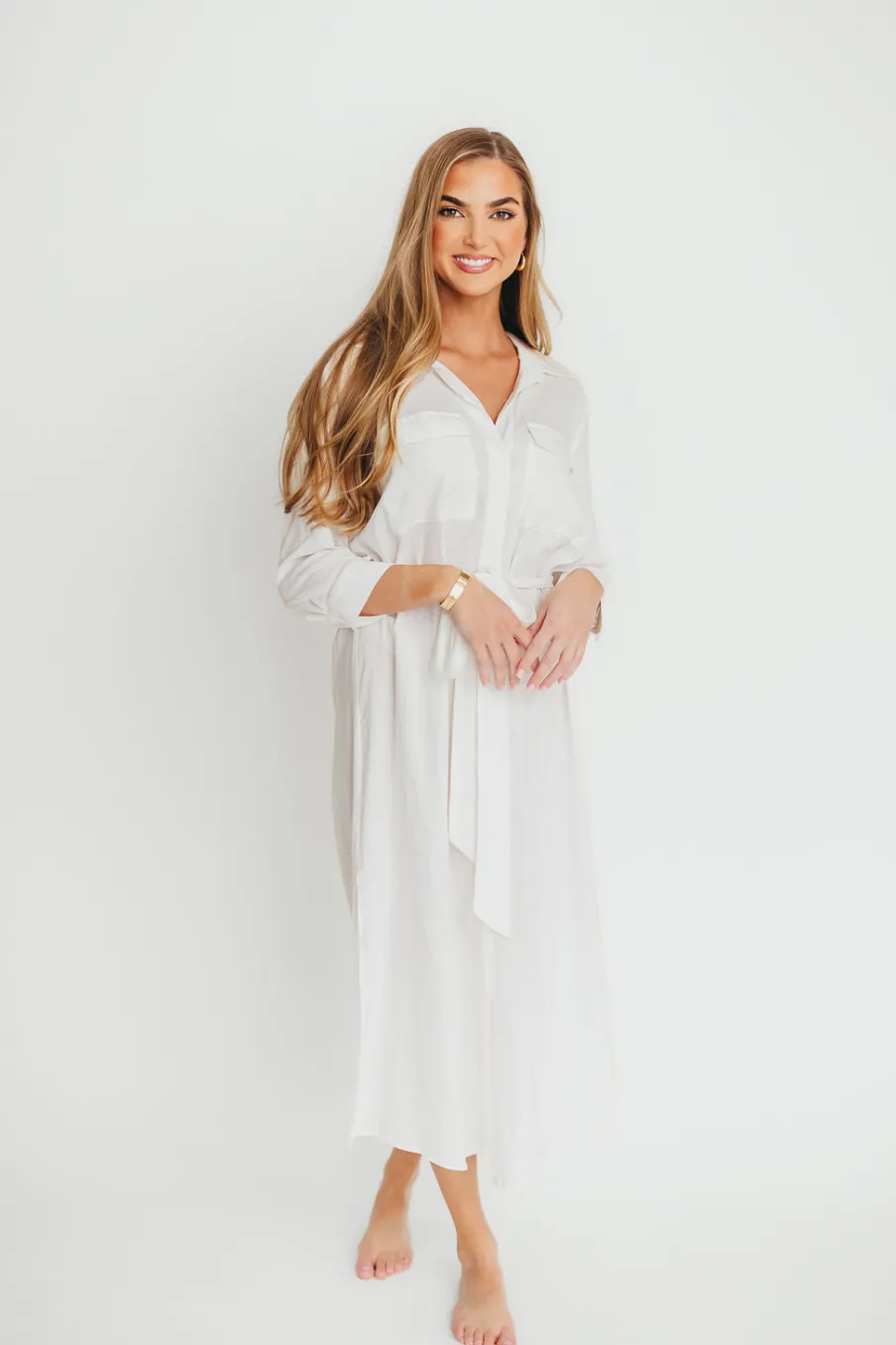 Fashion Worth Collective Rhea Belted Maxi Shirt Dress in White - Nursing Friendly