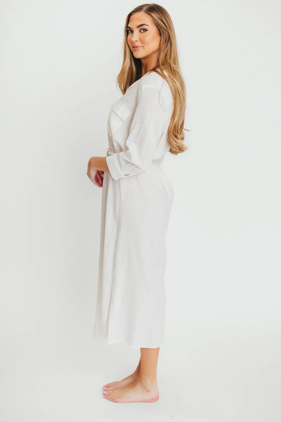 Fashion Worth Collective Rhea Belted Maxi Shirt Dress in White - Nursing Friendly