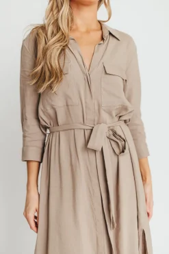 New Worth Collective Rhea Belted Maxi Shirt Dress in Stone