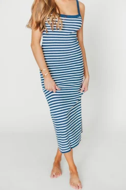 Online Worth Collective Rhode Striped Bodycon Midi Dress in Ivory/Navy
