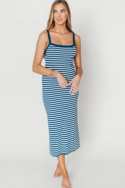 Online Worth Collective Rhode Striped Bodycon Midi Dress in Ivory/Navy