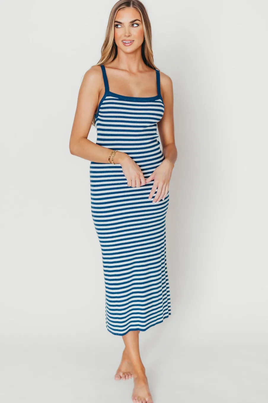 Online Worth Collective Rhode Striped Bodycon Midi Dress in Ivory/Navy