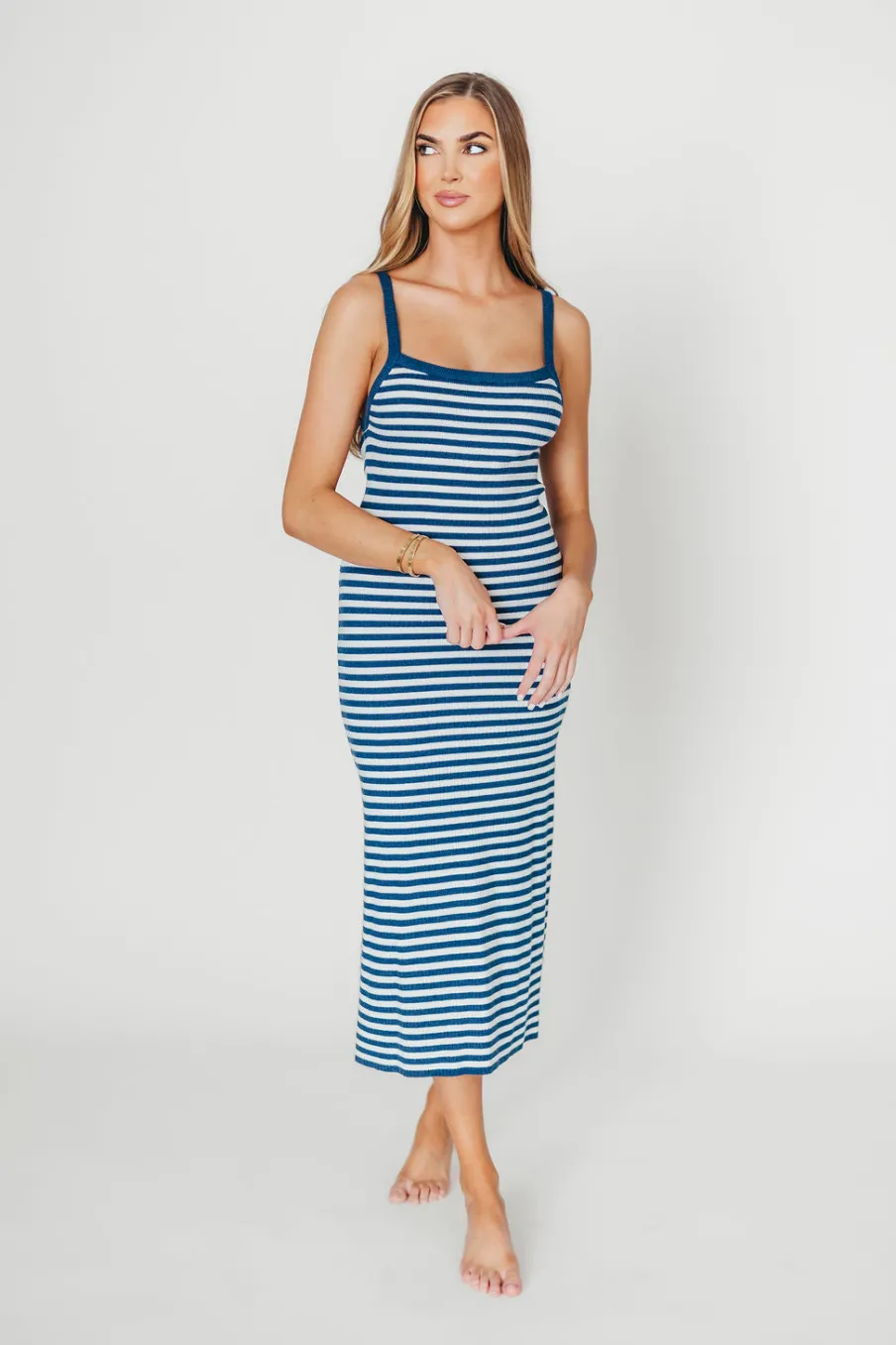 Online Worth Collective Rhode Striped Bodycon Midi Dress in Ivory/Navy