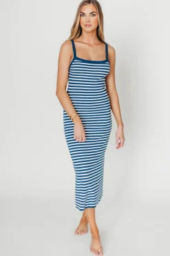 Online Worth Collective Rhode Striped Bodycon Midi Dress in Ivory/Navy
