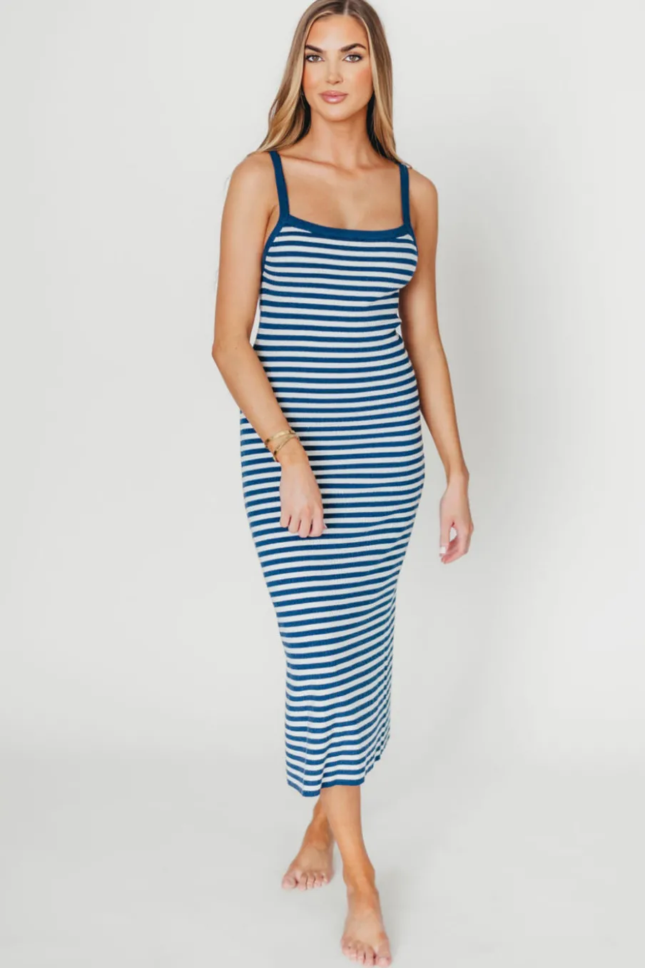 Online Worth Collective Rhode Striped Bodycon Midi Dress in Ivory/Navy