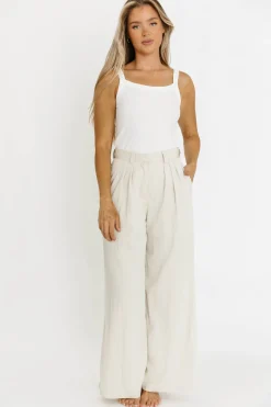 Online Worth Collective Ria Lightweight High Rise Pleated Wide Leg Pants in Oatmeal White