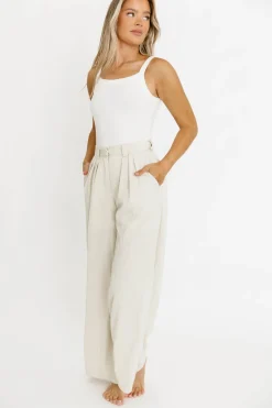 Online Worth Collective Ria Lightweight High Rise Pleated Wide Leg Pants in Oatmeal White