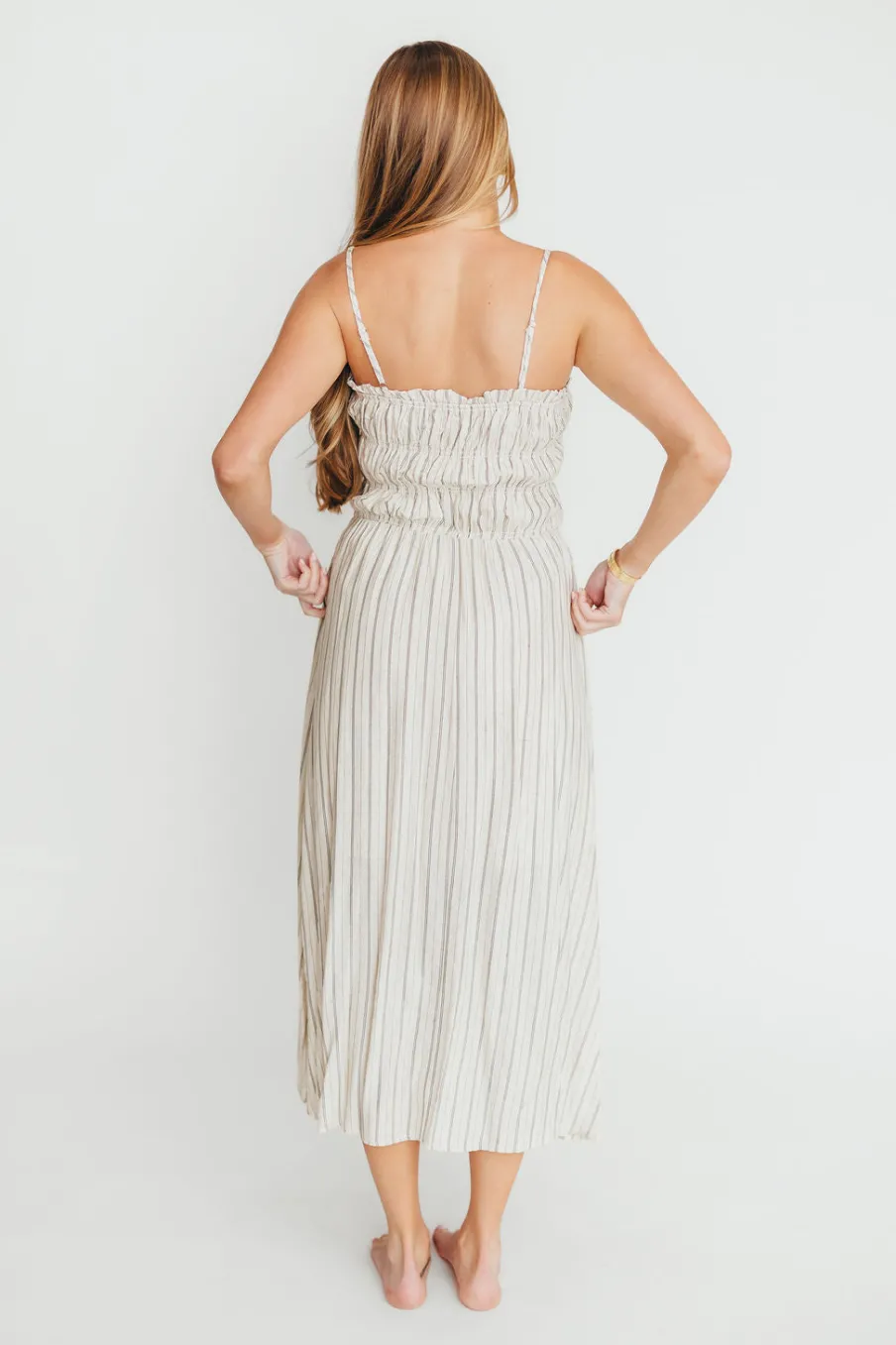 New Worth Collective Riley Striped Linen Midi Dress in Ivory