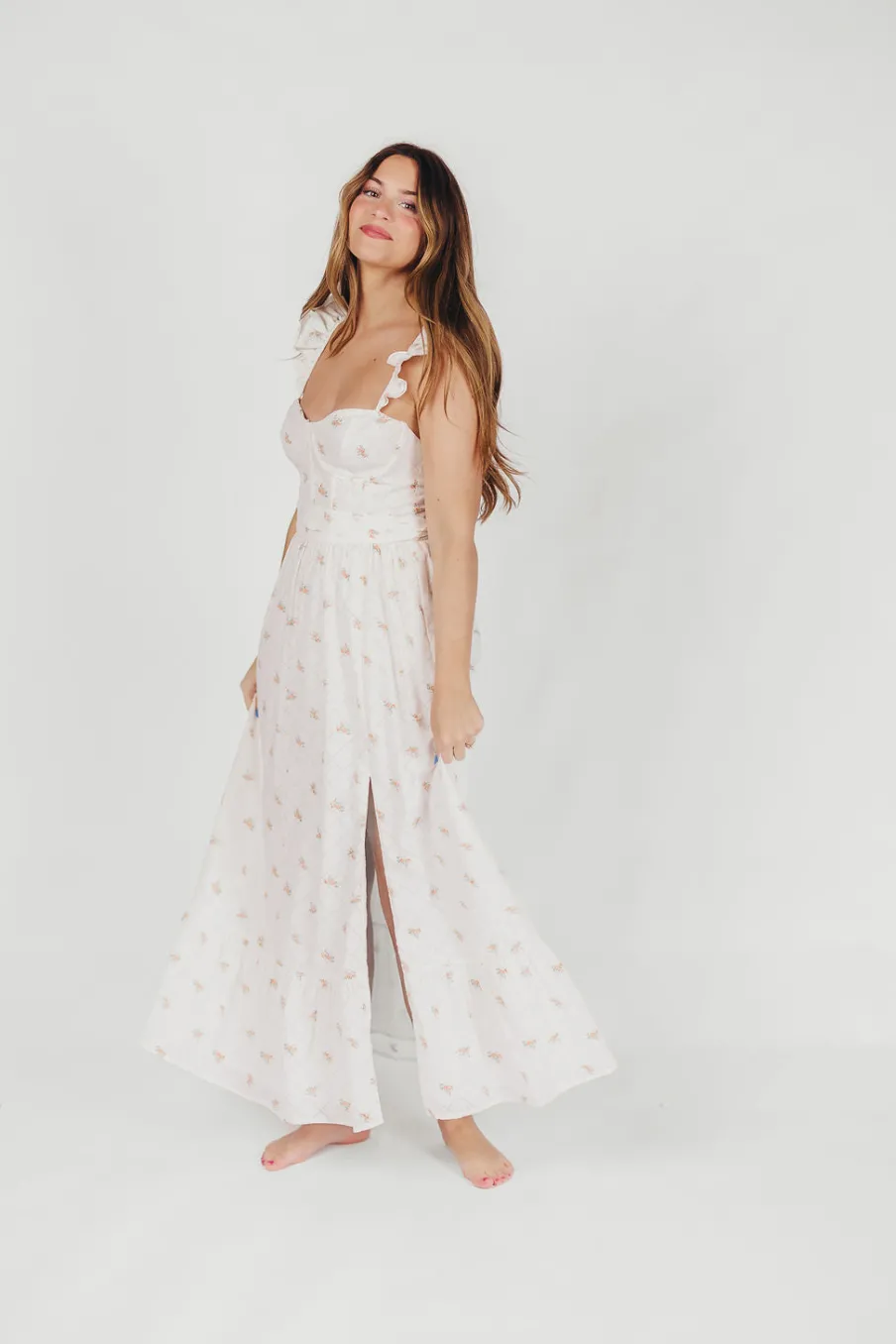 Outlet Worth Collective Rosamund Bustier-Style Maxi Dress in White/Orange Floral - Inclusive S