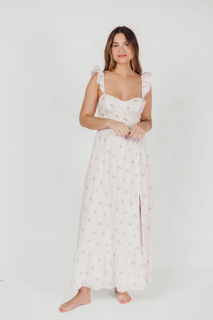 Outlet Worth Collective Rosamund Bustier-Style Maxi Dress in White/Orange Floral - Inclusive S