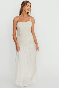Fashion Worth Collective Rosie Ruched Maxi Dress With Bow Back Detail in Cream
