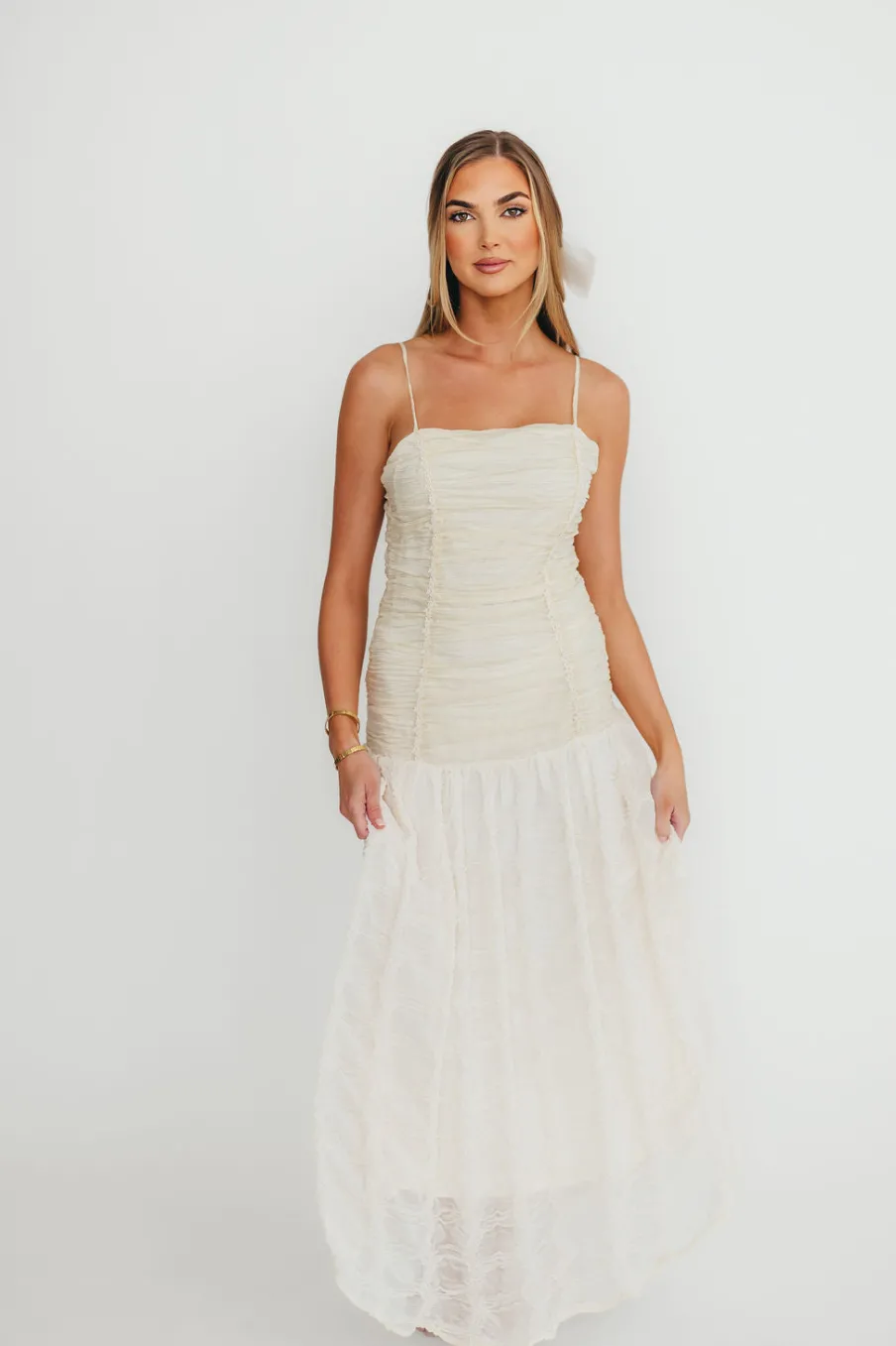 Fashion Worth Collective Rosie Ruched Maxi Dress With Bow Back Detail in Cream