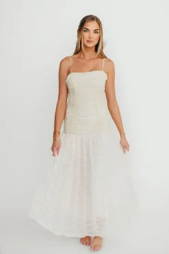 Fashion Worth Collective Rosie Ruched Maxi Dress With Bow Back Detail in Cream