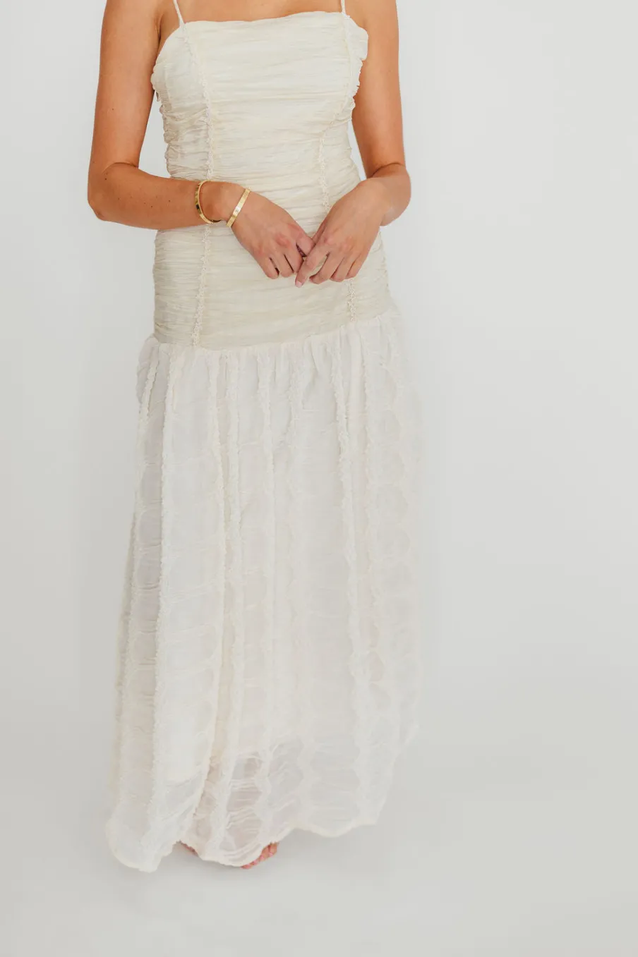 Fashion Worth Collective Rosie Ruched Maxi Dress With Bow Back Detail in Cream
