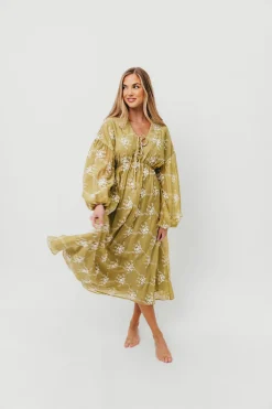 Sale Worth Collective Rossi Embroidery Long Sleeve Midi Dress in Moss