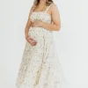Outlet Worth Collective Ryan Ruffle Midi Dress with Embroidered Detail in Cream/Pink Floral