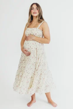 Outlet Worth Collective Ryan Ruffle Midi Dress with Embroidered Detail in Cream/Pink Floral