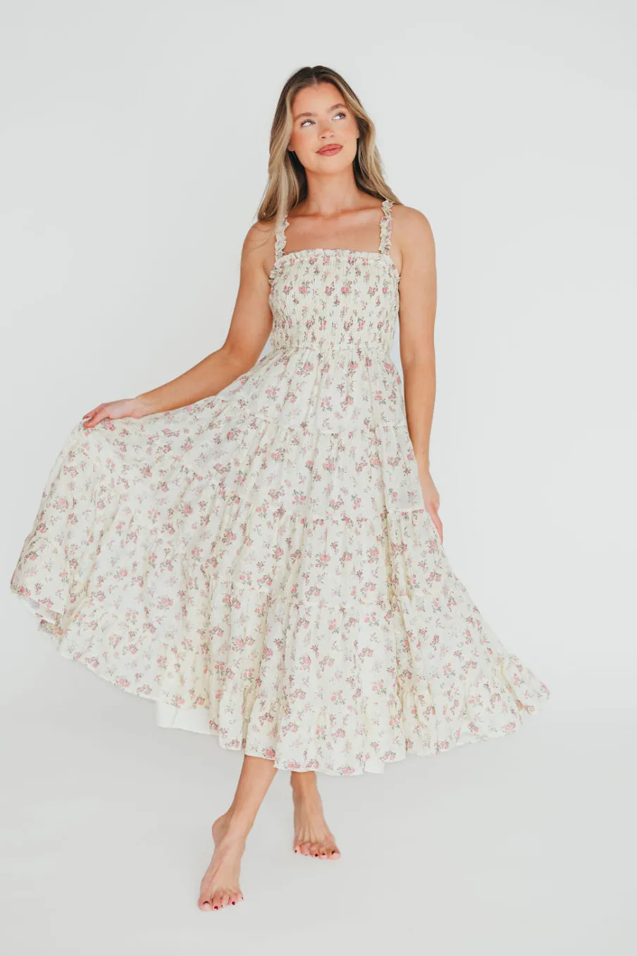 Outlet Worth Collective Ryan Ruffle Midi Dress with Embroidered Detail in Cream/Pink Floral