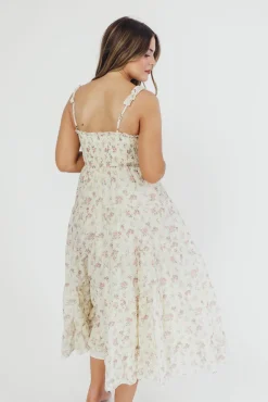 Outlet Worth Collective Ryan Ruffle Midi Dress with Embroidered Detail in Cream/Pink Floral