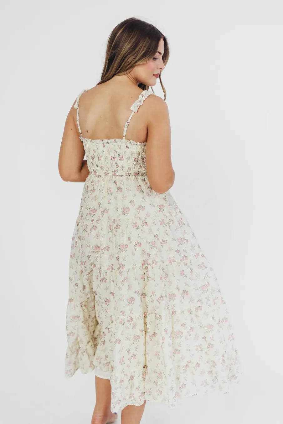 Outlet Worth Collective Ryan Ruffle Midi Dress with Embroidered Detail in Cream/Pink Floral