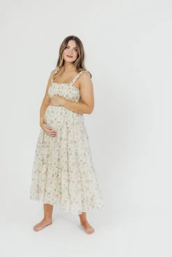 Outlet Worth Collective Ryan Ruffle Midi Dress with Embroidered Detail in Cream/Pink Floral