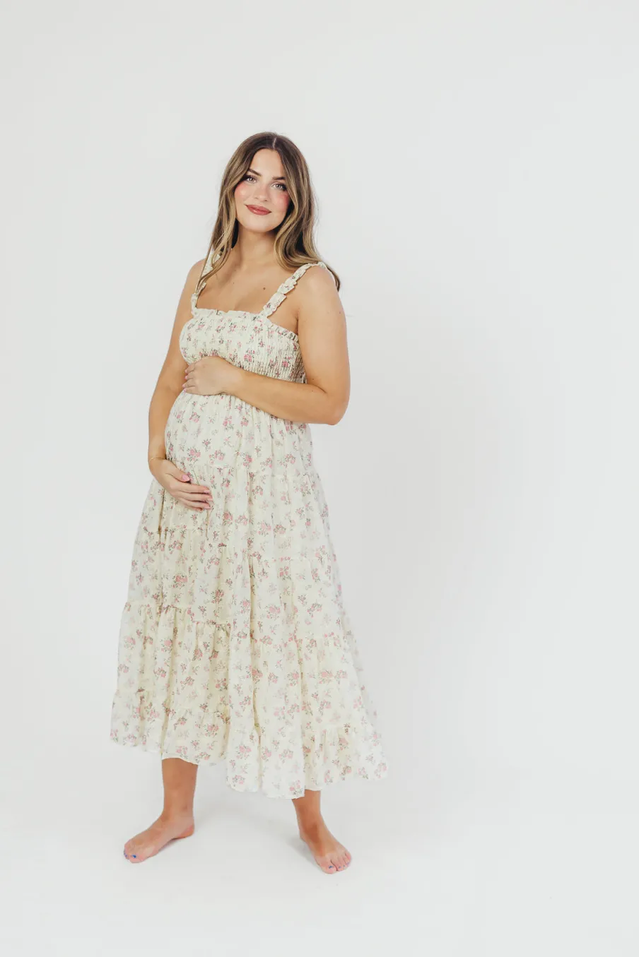Outlet Worth Collective Ryan Ruffle Midi Dress with Embroidered Detail in Cream/Pink Floral
