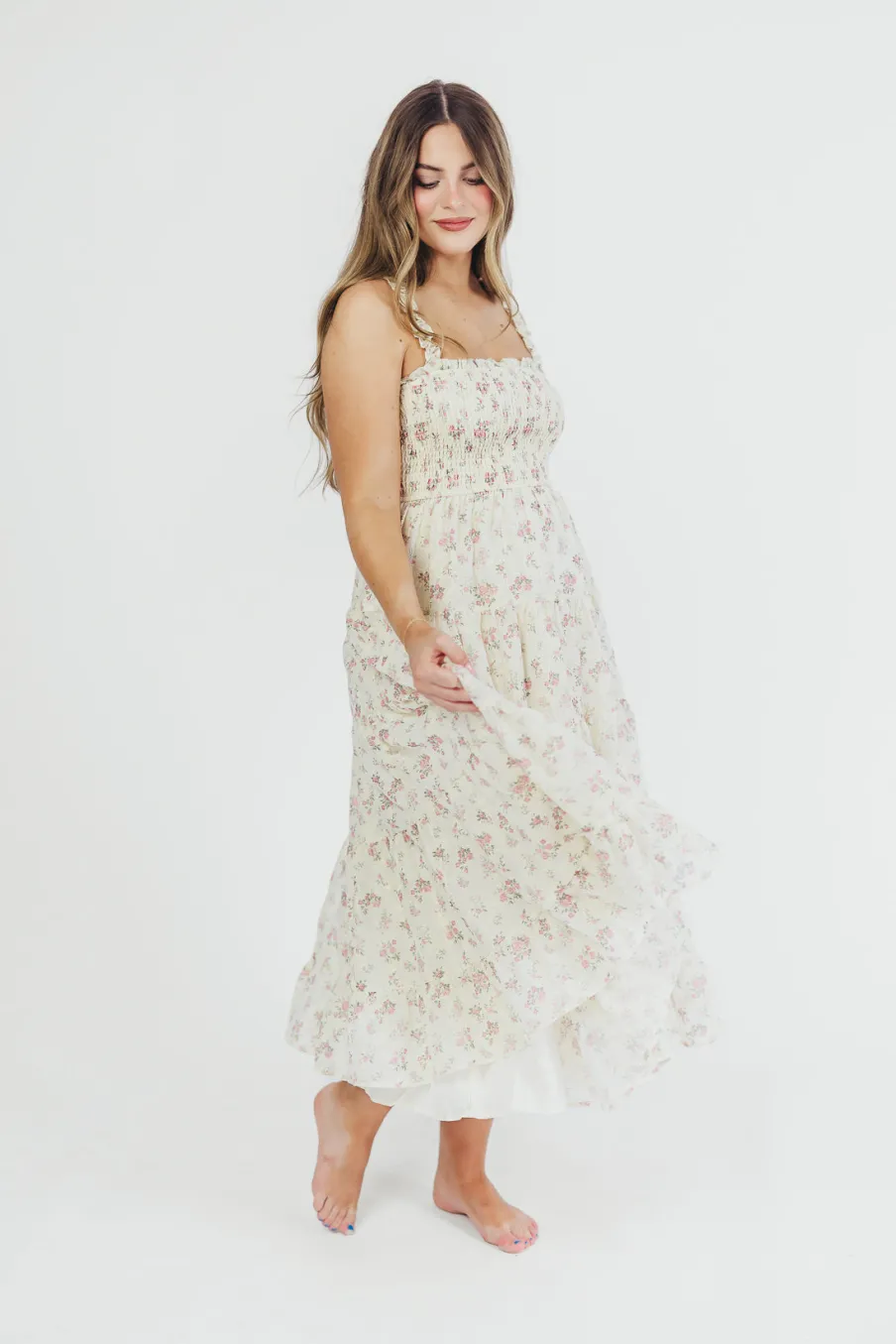 Outlet Worth Collective Ryan Ruffle Midi Dress with Embroidered Detail in Cream/Pink Floral
