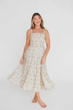 Outlet Worth Collective Ryan Ruffle Midi Dress with Embroidered Detail in Cream/Pink Floral