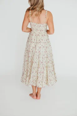 Outlet Worth Collective Ryan Ruffle Midi Dress with Embroidered Detail in Cream/Pink Floral