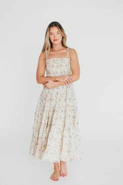 Outlet Worth Collective Ryan Ruffle Midi Dress with Embroidered Detail in Cream/Pink Floral