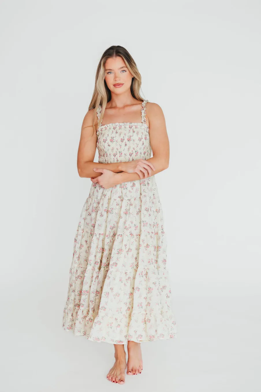 Outlet Worth Collective Ryan Ruffle Midi Dress with Embroidered Detail in Cream/Pink Floral