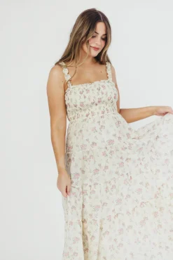 Outlet Worth Collective Ryan Ruffle Midi Dress with Embroidered Detail in Cream/Pink Floral