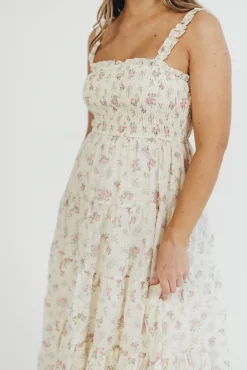 Outlet Worth Collective Ryan Ruffle Midi Dress with Embroidered Detail in Cream/Pink Floral