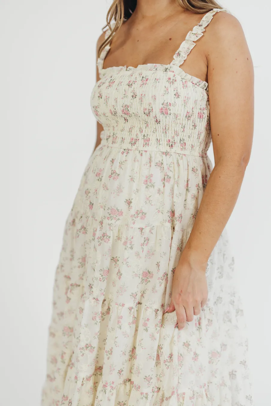 Outlet Worth Collective Ryan Ruffle Midi Dress with Embroidered Detail in Cream/Pink Floral