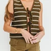 New Worth Collective Sadie Striped Knit Vest with Tie Front in Olive/White