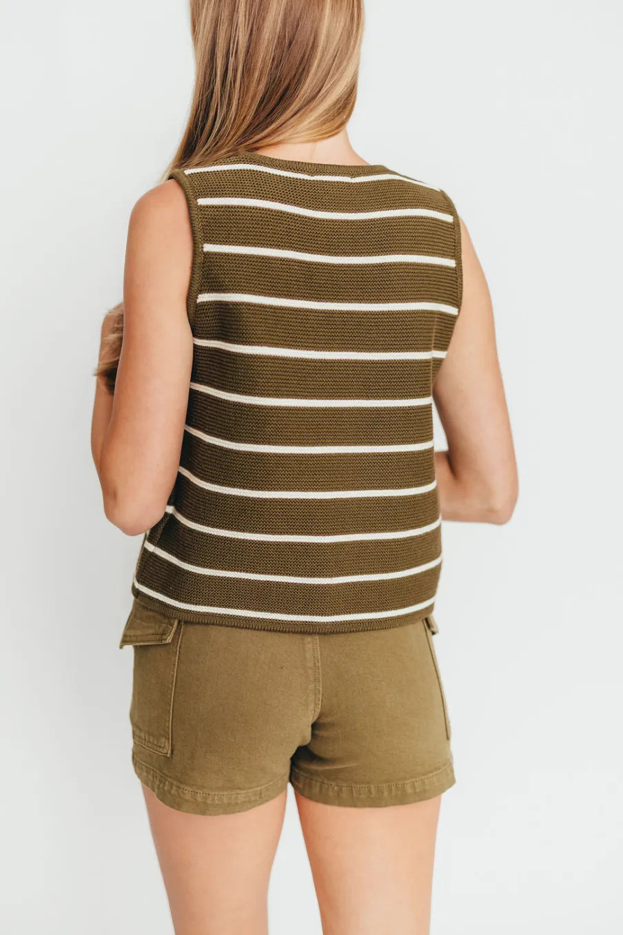 New Worth Collective Sadie Striped Knit Vest with Tie Front in Olive/White