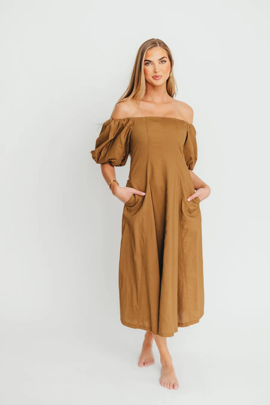 Fashion Worth Collective Serenity Off-The-Shoulder Midi Dress in Coconut