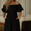 Online Worth Collective Serenity Off-The-Shoulder Midi Dress in Black