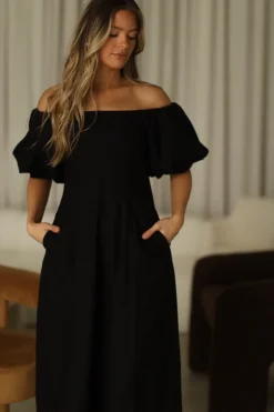 Online Worth Collective Serenity Off-The-Shoulder Midi Dress in Black