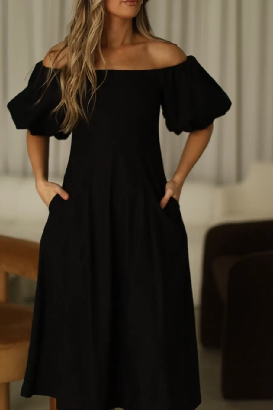 Online Worth Collective Serenity Off-The-Shoulder Midi Dress in Black