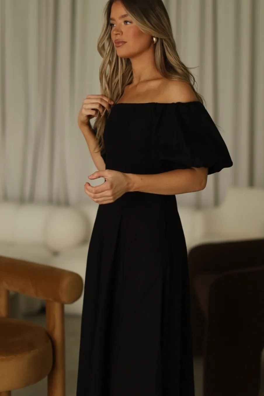 Online Worth Collective Serenity Off-The-Shoulder Midi Dress in Black