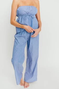 Clearance Worth Collective Shelly 100% Cotton Tube Top and Pants Set in Blue Stripe