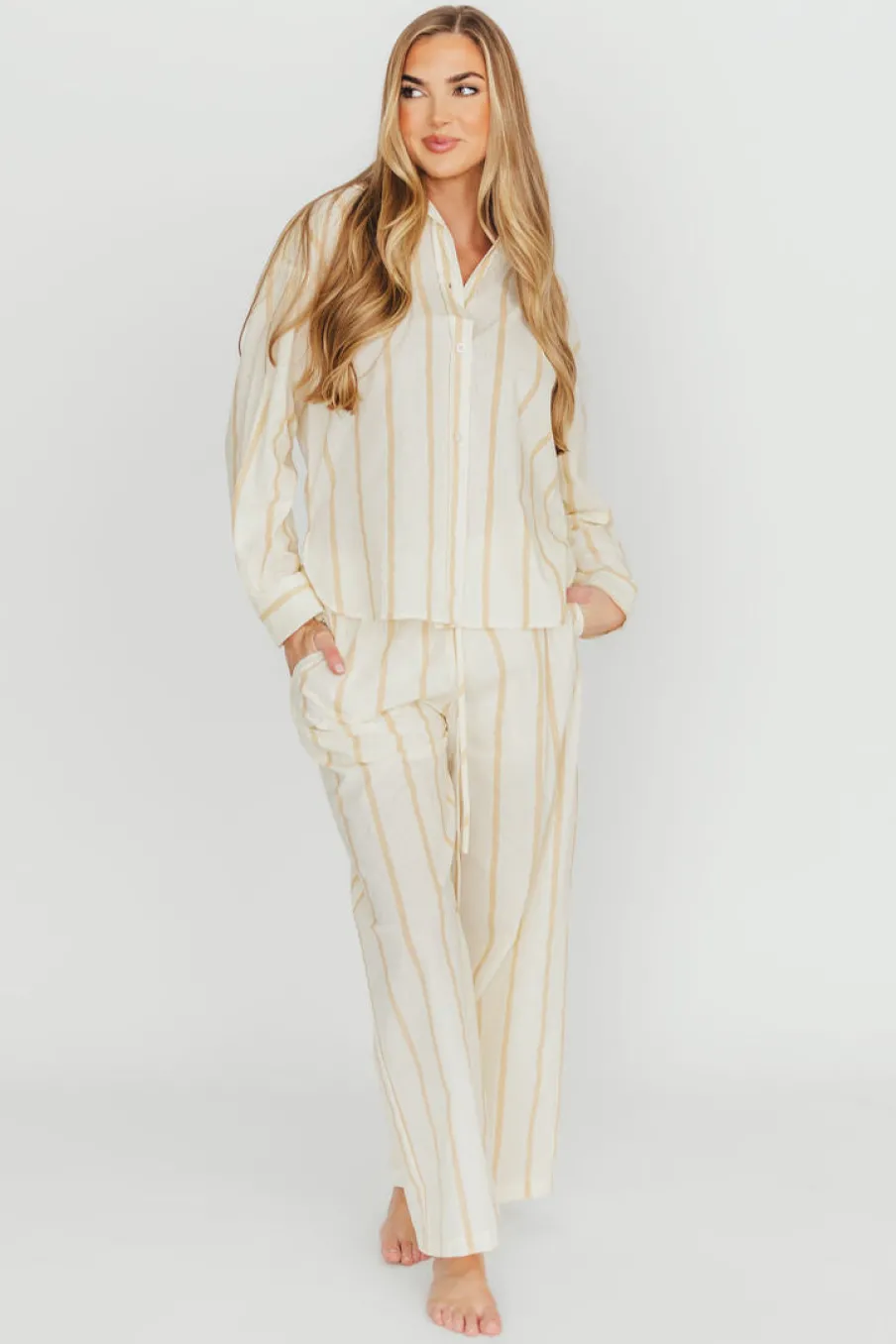 Hot Worth Collective Sicily Button-Down Top in Beige Stripe - Nursing Friendly